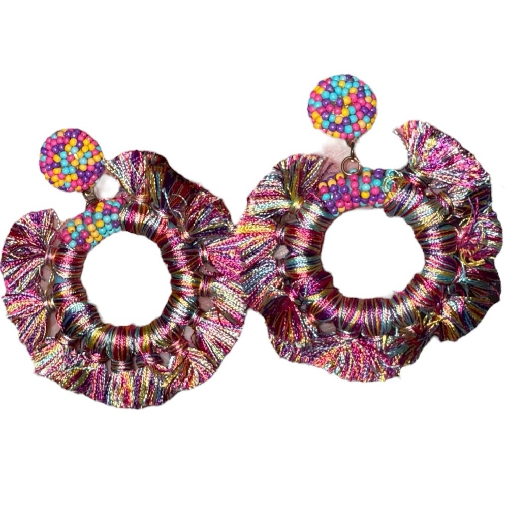 Colorful Boho Statement Hoop Earrings Multicolor Thread & Bead Pierced - Picture 2 of 3